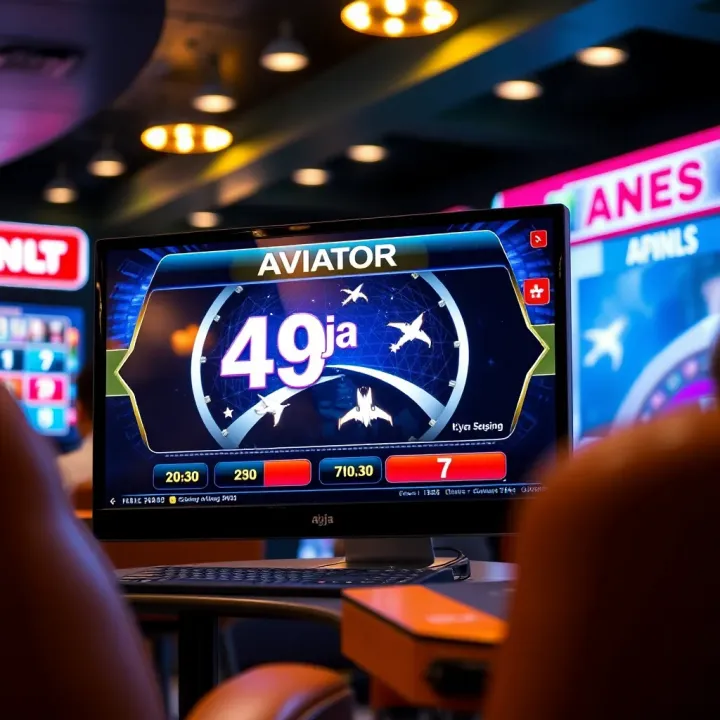 User interface displaying the 49ja Aviator game with flight path and multiplier indicators