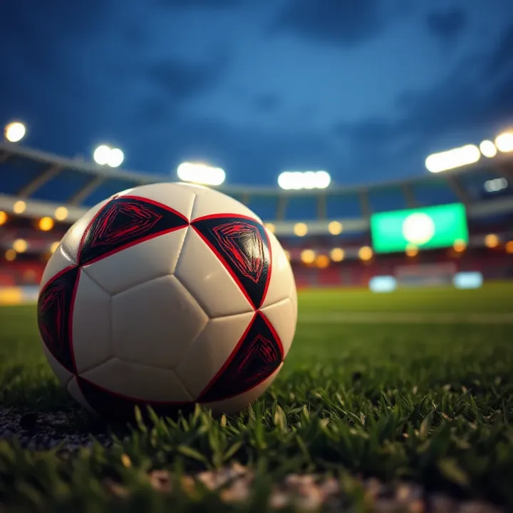 Close-up of a football on a pitch with stadium lights in the background