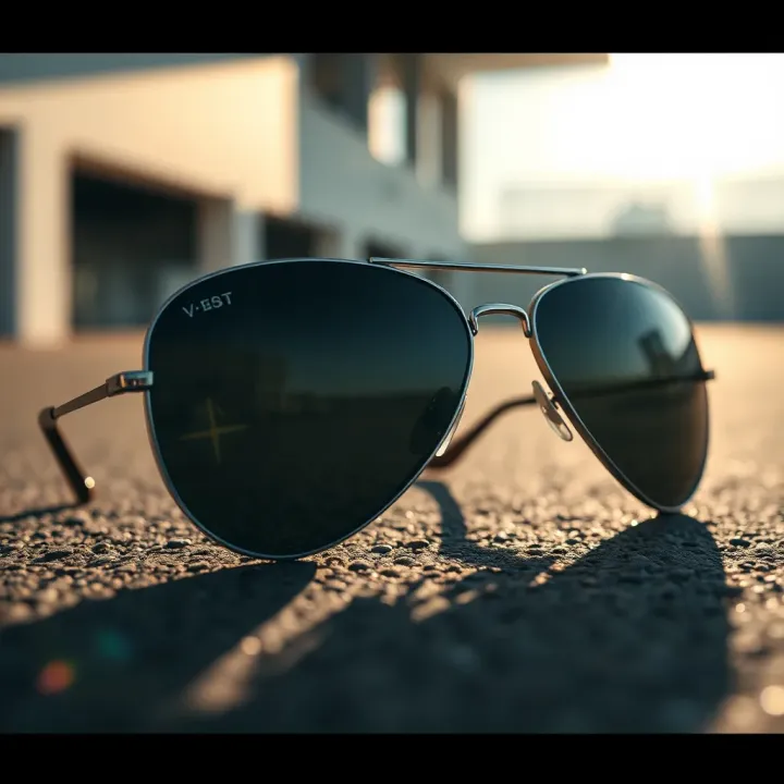 Aviator sunglasses placed on a textured surface with bright sunlight highlighting their reflective lenses