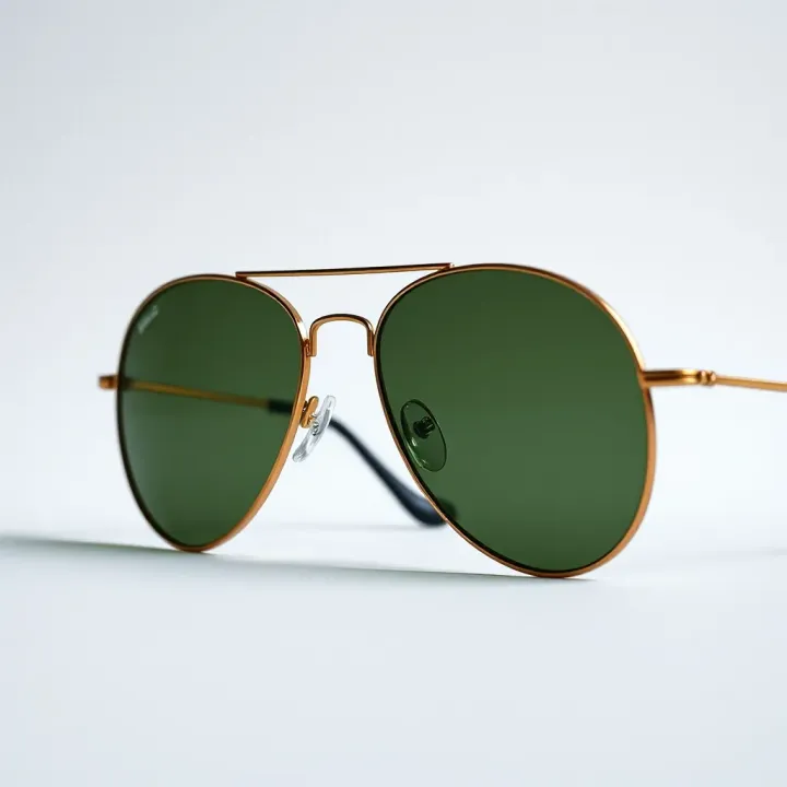 Classic aviator glasses with thin metal frames and green tinted lenses against a neutral background