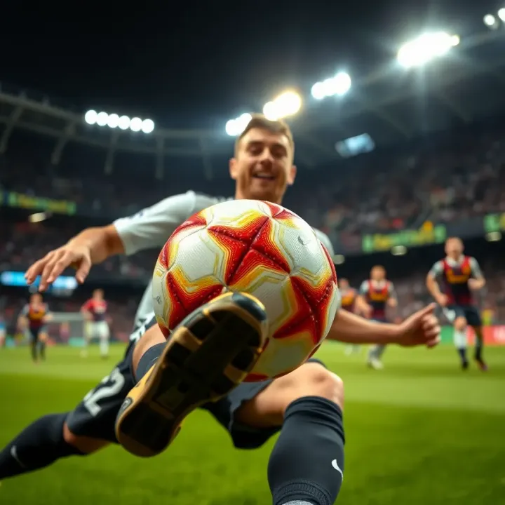Close-up of a football player controlling the ball during a Bundesliga match with stadium lights in the background