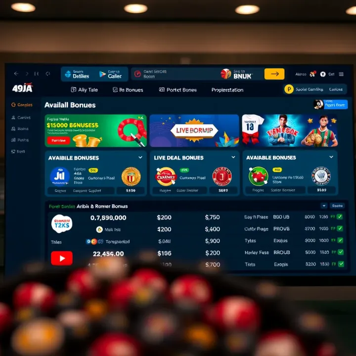 Dashboard displaying available bonuses on 49ja platform