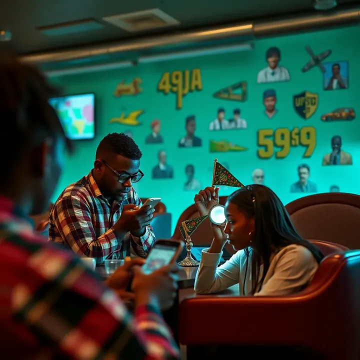 Creative graphic depicting Nigerian youth engaging with mobile devices surrounded by cultural symbols and slang expressions