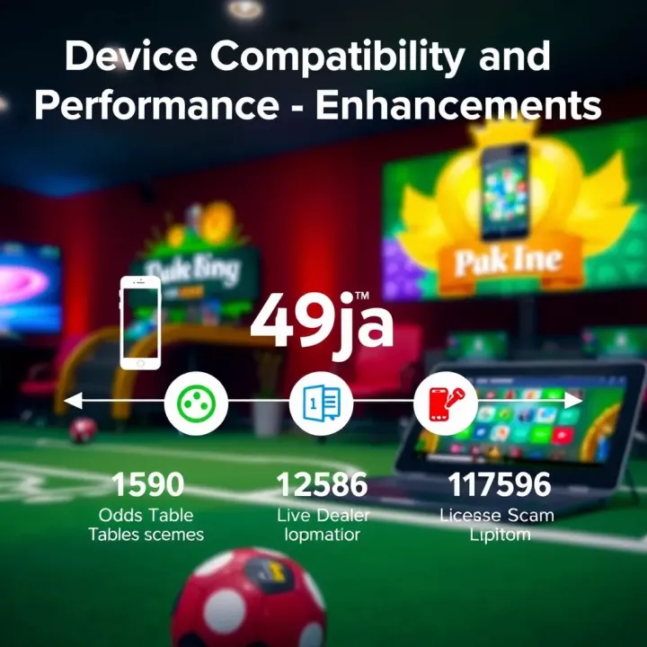 Diagram illustrating the compatibility of 49ja app across various devices with icons representing smartphones, tablets, and laptops