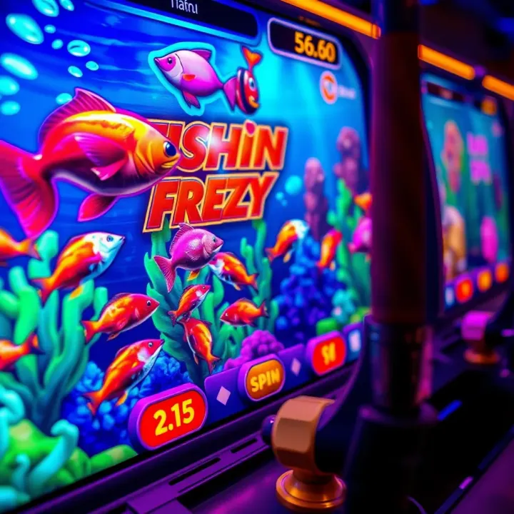 Colorful fishing game interface showing vibrant underwater creatures and fishing rod controls
