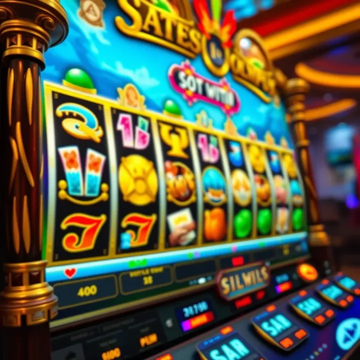 Colorful casino slot game interface showing vibrant symbols and spinning reels
