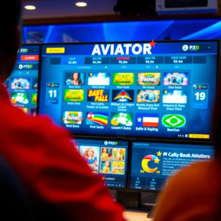 A digital interface showing an Aviator game screen with colorful graphics and betting options