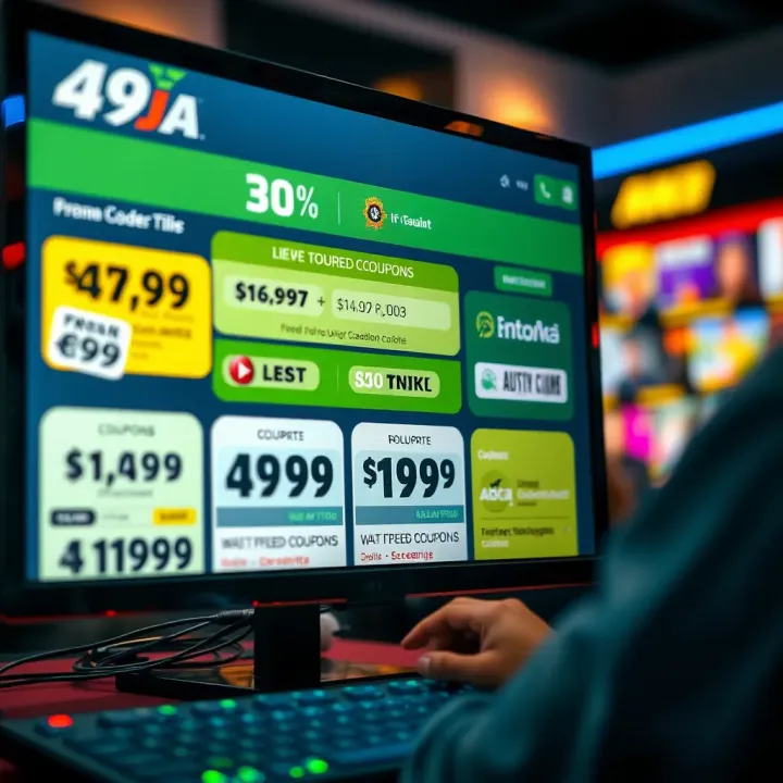 Illustration of a computer screen displaying various discount coupons and promo codes