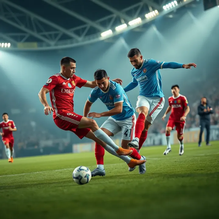 Football players competing intensely for possession during a Kazakhstan Premier League match