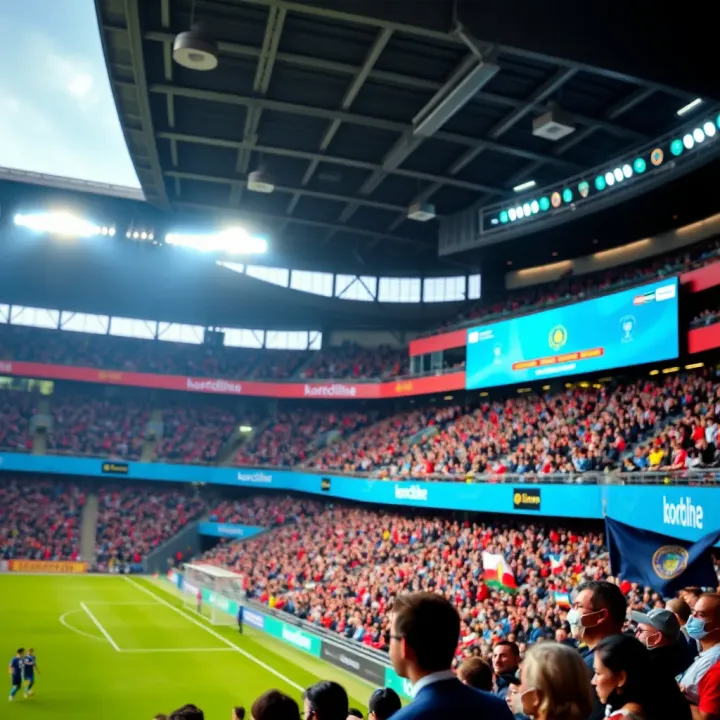 Kazakhstan Premier League stadium filled with enthusiastic fans during a football match