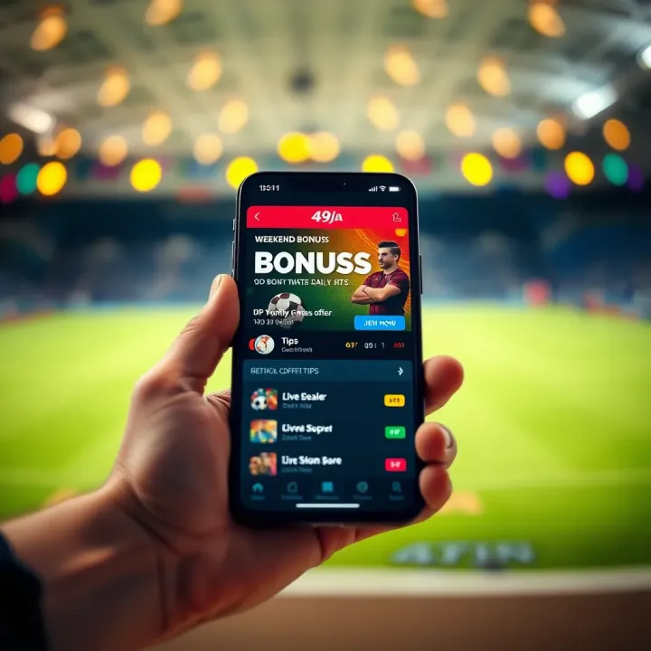 Illustration of a smartphone with betting app open showcasing bonus offers and tips
