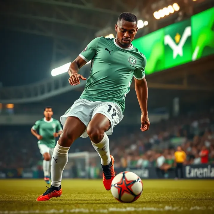 Dynamic action shot of Nigerian football player skillfully controlling the ball during a match