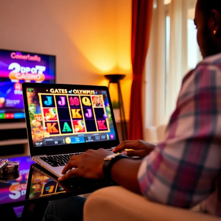 Nigerian player enjoying online slot game on laptop in a cozy home setting