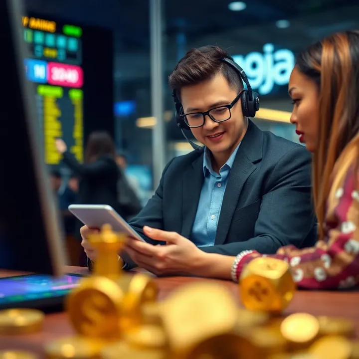 Graphic showing a customer service representative assisting a client with bank transfer inquiries on a digital device