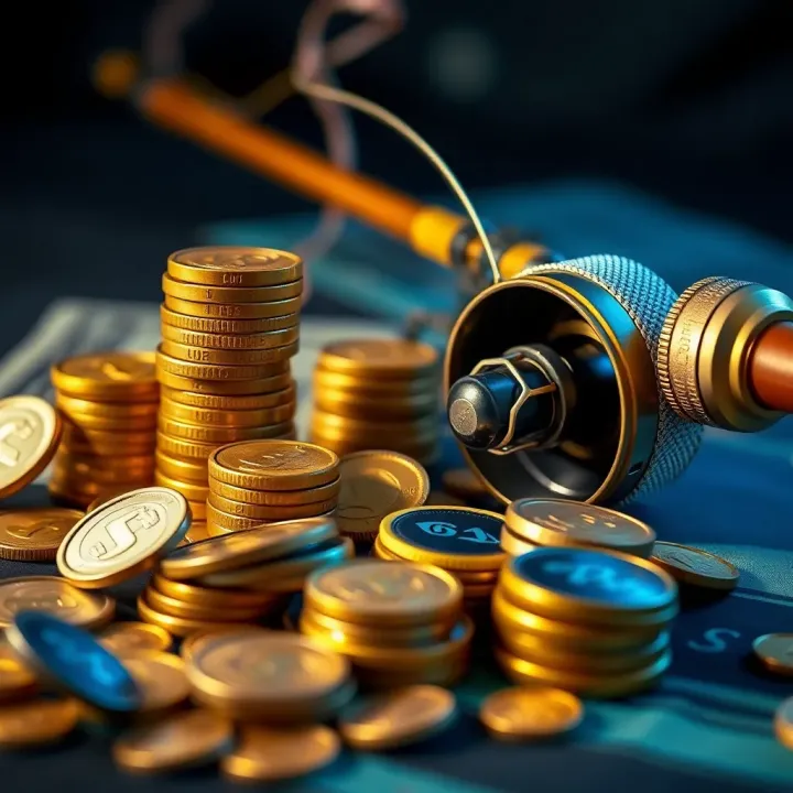 Graphic depicting strategic bankroll management with coins, currency symbols, and a fishing rod