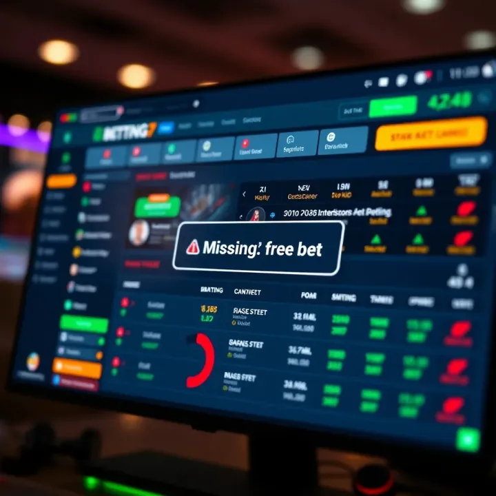 Illustration of a computer screen showing a betting account dashboard with a missing free bet notification