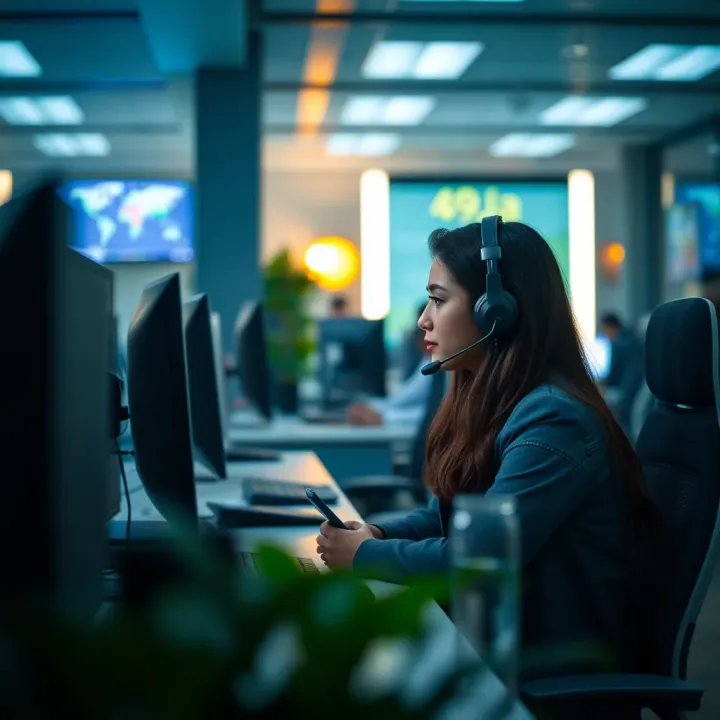 Customer support representative answering a call with headset in a modern office environment