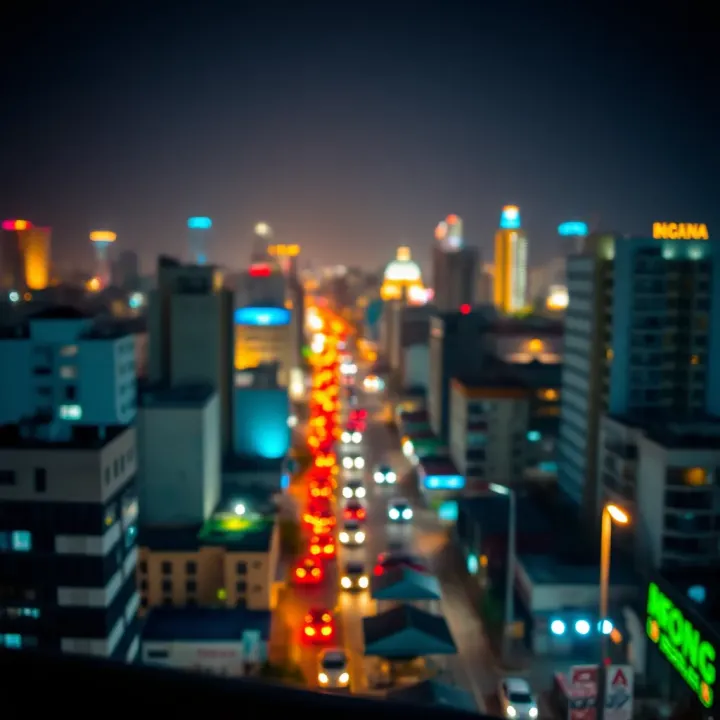 A vibrant Nigerian cityscape at night with digital streaming icons overlay illustrating live streaming connectivity