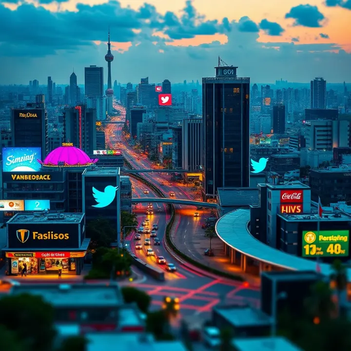 Digital illustration showing a vibrant Nigerian cityscape with social media icons representing online communication and culture