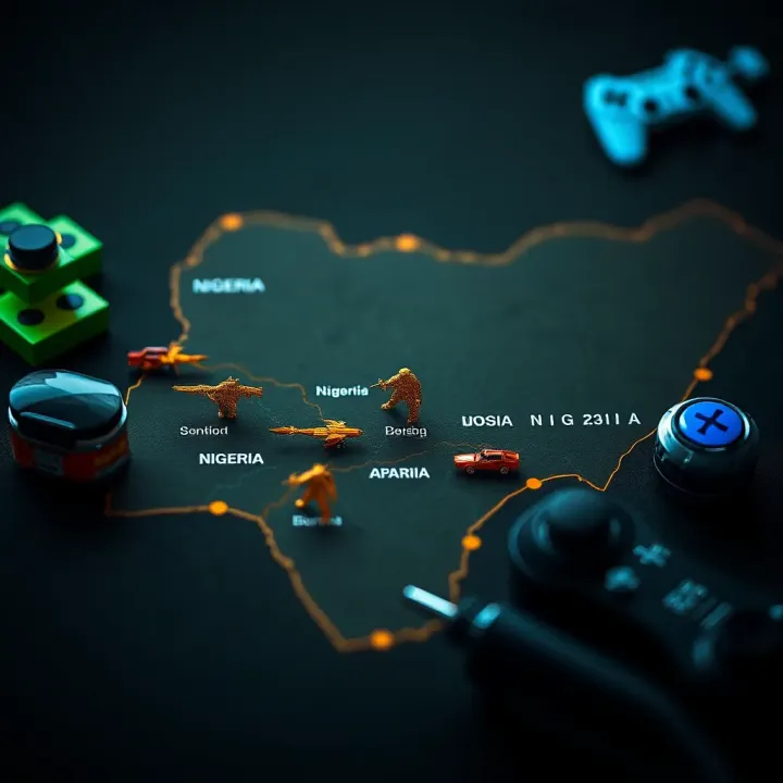 Illustration showing a map of Nigeria highlighting popular local CSGO tournament locations and gaming hubs