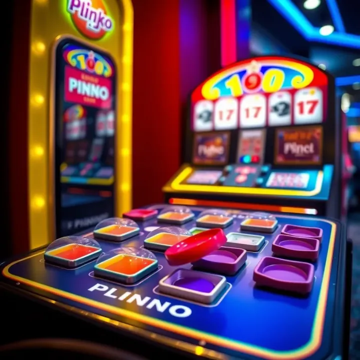 Colorful Plinko game board with multiple slots and falling discs representing gameplay action